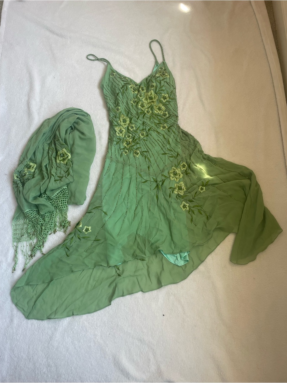 Rare VTG 100% Silk Sue Wong Fairy floral beaded Lime Green Dress w/ Silk Scarf - Picture 6 of 16